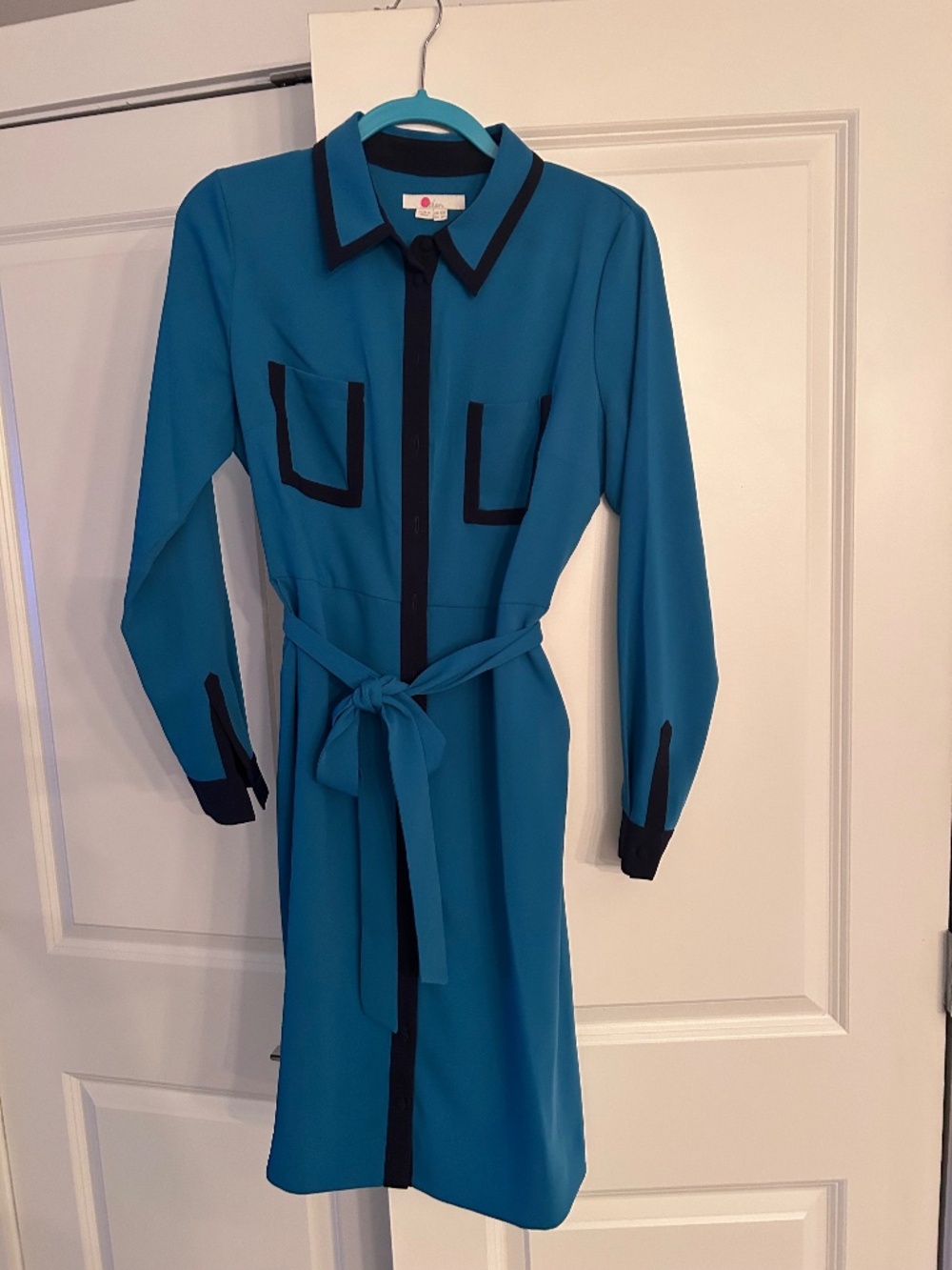 Boden Teal & Navy Colorblock Belted Shirt Dress - Size 8R